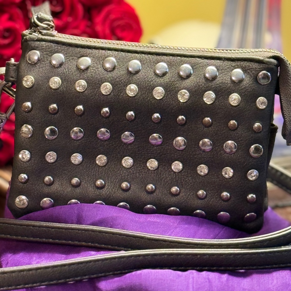Charming Charlie Gunmetal Rhinestone and Studded Small Crossbody bag